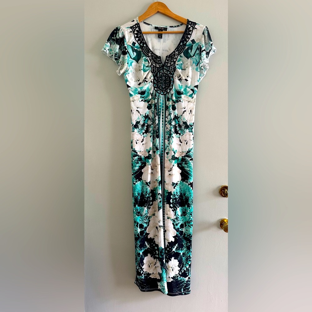 Style&Co floral cap sleeve maxi dress with elastic waist lace and metal details - Picture 2 of 8